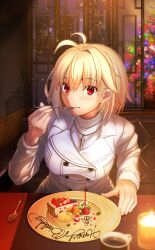 Rule 34 | 1girl, absurdres, antenna hair, arcueid brunestud, blonde hair, blush, buttons, candle, candlelight, christmas, christmas tree, commentary request, cup, fire, food, fork, hair between eyes, happy birthday, harukey, highres, holding, holding fork, indoors, jacket, jewelry, long sleeves, looking at viewer, necklace, official alternate costume, plate, red eyes, shadow, short hair, single hair intake, sitting, solo, spoon, sweater, table, tsukihime, tsukihime (remake), turtleneck, turtleneck sweater, utensil in mouth, white jacket, white sweater
