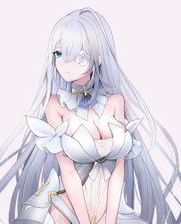 Rule 34 | 1girl, azur lane, banchiyuebai, bare shoulders, blue eyes, breasts, chinese commentary, cleavage, detached collar, dress, emden (azur lane), flower, flower eyepatch, large breasts, long hair, rose, see-through, see-through dress, sideways glance, simple background, solo, upper body, v arms, very long hair, white background, white dress, white flower, white hair, white rose