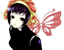 Rule 34 | 1girl, android, atlus, black hair, bug, butterfly, insect, metis (persona), persona, persona 3, red eyes, simple background, solo