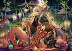 Rule 34 | 2girls, ball, bamboo, bamboo forest, between fingers, black cape, black eyes, black hair, blunt bangs, boots, bow, cape, chinese commentary, cigarette, commentary request, crescent moon, cross-laced footwear, embellished costume, forest, from side, fujiwara no mokou, hair bow, hair ornament, hair ribbon, half-closed eyes, hand on own chin, hand up, head rest, high heel boots, high heels, hime cut, holding, houraisan kaguya, japanese clothes, kimono, lace-up boots, lantern, long hair, long sleeves, lying, mixed-language commentary, moon, multiple girls, nature, night, obi, ofuda, on back, outdoors, pants, red bow, red eyes, red pants, red ribbon, ribbon, sash, shirt, sidelocks, sitting, sleeves past wrists, smoke, spread legs, talisman, temari ball, thigh boots, thighhighs, touhou, very long hair, white hair, white shirt, wide sleeves, yasato