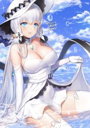Rule 34 | 1girl, absurdres, anchor, arm at side, artist name, azur lane, bare shoulders, bell, blue eyes, blue sky, blush, breasts, cleavage, cloud, day, detached collar, dress, garter straps, gem, glint, greem bang, hair bell, hair ornament, hat, highres, illustrious (azur lane), jewelry, large breasts, layered dress, long hair, necklace, ocean, outdoors, parted lips, pendant, shallow water, silver hair, sitting, skirt hold, sky, solo, sparkle, strapless, strapless dress, sun hat, sweat, tareme, thighhighs, thighs, tri tails, twitter username, very long hair, water, white dress, white hat, white thighhighs, zettai ryouiki