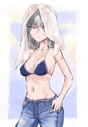 Rule 34 | 10s, 1girl, bikini, blue bikini, blue eyes, blue pants, breasts, casual, closed mouth, collarbone, commentary, cowboy shot, denim, frown, girls und panzer, grey hair, half-closed eyes, hands in pockets, highres, itsumi erika, jeans, long hair, looking at viewer, medium breasts, navel, no shirt, pants, solo, standing, sweat, swimsuit, toku (yhpv8752), torn clothes, torn jeans, torn pants, towel, towel on head
