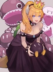 Rule 34 | 1girl, absurdres, bare shoulders, black dress, black nails, blonde hair, blue eyes, bob-omb, boo (mario), bowsette, breasts, brooch, chain chomp, cleavage, collar, dress, fang, highres, horns, jewelry, leaning forward, long hair, looking at viewer, mario (series), medium breasts, nail polish, new super mario bros. u deluxe, nintendo, ponytail, saino misaki, shiny skin, short hair, sidelocks, smile, solo, spiked collar, spiked shell, spiked tail, spikes, strapless, strapless dress, super crown, tail, waist cape