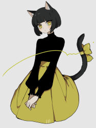 Rule 34 | 1girl, animal ears, black hair, blunt bangs, bow, cat ears, cat girl, cat tail, expressionless, highres, long sleeves, looking at viewer, maco22, original, own hands together, ribbon, short hair, skirt, solo, tail, tail bow, tail ornament, yellow eyes