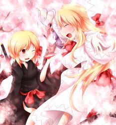 Rule 34 | 2girls, ^ ^, bad id, bad pixiv id, blonde hair, cherry blossoms, closed eyes, cup, closed eyes, fang, female focus, gourd, hat, unworn hat, unworn headwear, highres, japanese clothes, kimono, kuroyume (dark495), lily white, long hair, multiple girls, one eye closed, open mouth, outstretched arms, red eyes, ribbon, rumia, sakazuki, short hair, smile, sword, touhou, tree, weapon, wide sleeves, wink