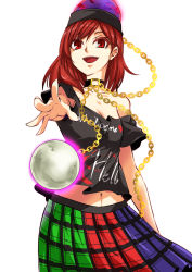 Rule 34 | 1girl, chain, clothes writing, collar, hecatia lapislazuli, highres, kakao (noise-111), moon, multicolored clothes, multicolored skirt, navel, off shoulder, open hand, open mouth, print shirt, red eyes, red hair, shirt, simple background, skirt, solo, touhou