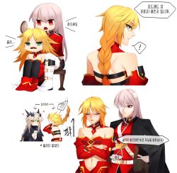 Rule 34 | 3girls, ?, alternate hairstyle, artoria pendragon (fate), artoria pendragon (lancer alter) (fate), bad id, bad twitter id, bandage over one eye, blonde hair, blush, braid, breasts, cleavage, commentary request, crossed arms, fang, fate/grand order, fate (series), florence nightingale (fate), flower, green eyes, brushing hair, hair down, highres, hochikass, horns, korean commentary, korean text, long braid, mordred (fate), mordred (fate/apocrypha), multiple girls, navel, open mouth, pink hair, red eyes, single braid, spoken question mark, translation request, white background