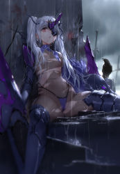 Rule 34 | 1girl, :o, bird, blood, bodysuit, boots, breasts, cameltoe, covered erect nipples, covered navel, crack, cracked wall, crow, empty eyes, eyepatch, highres, horns, impossible bodysuit, impossible clothes, injury, long hair, original, panties, purple thighhighs, rain, see-through, sidelocks, silver hair, single horn, small breasts, swd3e2, thigh boots, thighhighs, twintails, underwear