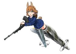 Rule 34 | 1girl, amelie planchard, animal ears, aohashi ame, blue jacket, bren lmg, brown hair, dress shirt, flying, full body, green eyes, gun, holding, holding weapon, jacket, light machine gun, long sleeves, looking to the side, machine gun, military, military uniform, necktie, no pants, open mouth, rabbit ears, rabbit girl, rabbit tail, scared, shirt, short hair, solo, squad automatic weapon, strike witches, striker unit, tail, tearing up, uniform, weapon, white shirt, world witches series