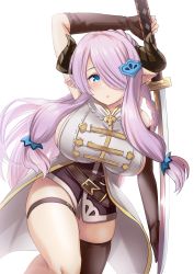 Rule 34 | 1girl, absurdres, bare shoulders, black gloves, black thighhighs, blue eyes, blush, braid, breasts, cleavage, gloves, granblue fantasy, hair ornament, hair over one eye, highres, horns, huge filesize, kibihimi, large breasts, light purple hair, long hair, looking at viewer, md5 mismatch, narmaya (granblue fantasy), pointy ears, purple hair, resized, resolution mismatch, smile, solo, swimsuit, thighhighs, thighs, upscaled, very long hair