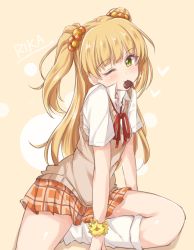 Rule 34 | 10s, 1girl, blonde hair, candy, character name, chocolate, chocolate heart, eyelashes, flower, food, food in mouth, green eyes, hair bobbles, hair ornament, heart, idolmaster, idolmaster cinderella girls, jiino, jougasaki rika, looking at viewer, loose socks, mouth hold, one eye closed, school uniform, skirt, socks, solo, sweater vest, two side up