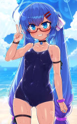 Rule 34 | 1girl, ahoge, bell, black choker, blue eyes, blue hair, blue sky, blush, bow, breasts, cameltoe, choker, cleft of venus, cloud, collarbone, day, fang, glasses, gluteal fold, grin, hair between eyes, hair bow, hand up, highres, long hair, looking at viewer, nail polish, neck bell, null (nyanpyoun), ocean, one-piece swimsuit, otomachi una, outdoors, red-framed eyewear, school swimsuit, semi-rimless eyewear, sky, small breasts, smile, solo, standing, striped, striped bow, swimsuit, thigh strap, twintails, v, very long hair, vocaloid, wet, white bow