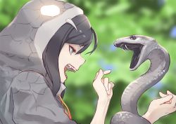 Rule 34 | 1girl, ahoge, animal, black hair, black mamba (kemono friends), blurry, blurry background, character name, commentary, don3, fangs, from side, green eyes, holding, holding animal, hood, hood up, kemono friends, open mouth, snake, snake hood, solo, teeth