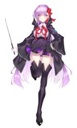 1girl absurdres bad_id bad_pixiv_id bb_(fate) bb_(fate) bb_(fate/extra) black_coat coat fate/extra fate/extra_ccc fate/grand_order fate_(series) full_body gloves hair_ribbon high-waist_skirt highres holding holding_wand lace lace-trimmed_legwear lace_trim leotard long_hair looking_at_viewer neck_ribbon purple_eyes purple_hair qupitta red_ribbon ribbon skirt smile solo very_long_hair wand white_gloves white_leotard