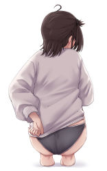 Rule 34 | 1girl, absurdres, ahoge, ass, barefoot, black panties, brown hair, from behind, full body, hair flaps, hatsuzuki (kancolle), highres, kantai collection, kiritto, long sleeves, no pants, panties, short hair, simple background, soles, solo, sweater, underwear, white background, white sweater