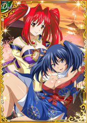 Rule 34 | 00s, 2girls, bashoku youjou, breast press, breasts, card (medium), dress, female focus, ikkitousen, kanpei, large breasts, long hair, looking at viewer, multiple girls, no bra, red hair, shiny skin, twintails