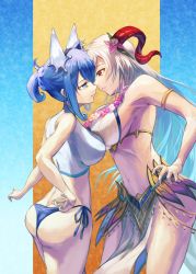 Rule 34 | 2girls, after kiss, armlet, ass, asymmetrical docking, bare shoulders, bikini, blue bikini, blue eyes, blue hair, breast press, breasts, cleavage, cleavage cutout, clothing cutout, curled horns, eye contact, fire emblem, fire emblem heroes, flower, flower necklace, freyja (fire emblem), goat horns, grey hair, hand on own hip, highres, horns, ice horns, jewelry, juunishi aya, large breasts, looking at another, multiple girls, navel, necklace, nifl (fire emblem), nintendo, official alternate costume, official alternate hairstyle, ponytail, red eyes, red horns, saliva, saliva trail, side-tie bikini bottom, swimsuit, thorns, two-tone bikini, two-tone swimsuit, white bikini, yuri