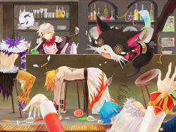 Rule 34 | 1girl, 5boys, @ @, alcohol, angel wings, animal print, armor, assassin cross (ragnarok online), bad food, black cape, black cat, black shirt, blonde hair, blue hair, bottle, calendar (object), cape, cat, closed eyes, closed mouth, coat, commentary request, cross scar, cup, defeat, dress, drinking glass, emoticon, flame print, full body, fur-trimmed cape, fur collar, fur trim, gauntlets, giving up the ghost, gloom (expression), hair between eyes, halo, head rest, high priest (ragnarok online), holding, holding ladle, jewelry, ladle, leopard print, medium hair, multiple boys, musical note, necklace, on floor, open clothes, open mouth, open shirt, pants, pauldrons, plate, poison, poporing, poring, purple hair, q qree, ragnarok online, red dress, scar, shadow chaser (ragnarok online), shirt, short hair, shoulder armor, shy (ragnarok online), sitting, slime (creature), smile, spill, spoken musical note, standing, stool, sura (ragnarok online), teapot, topless male, torn clothes, torn sleeves, waist cape, white coat, white hair, white shirt, whitesmith (ragnarok online), wildrose, wine, wine glass, wings, yellow pants