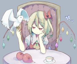 Rule 34 | 1girl, :o, apple, ascot, baron (x5qgeh), bird, blonde hair, blue background, bug, butterfly, chair, cup, flandre scarlet, food, fruit, head rest, headrest, insect, open mouth, red eyes, side ponytail, simple background, sitting, table, teacup, touhou, wings
