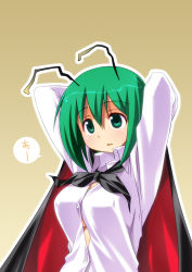 Rule 34 | 1girl, a (phrase), antennae, arms up, bad id, bad pixiv id, breast expansion, breasts, cape, cleavage, dress shirt, female focus, green eyes, green hair, large breasts, matching hair/eyes, shirt, short hair, solo, touhou, umekichi, white shirt, wriggle nightbug