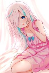 Rule 34 | 1girl, :d, baram, bare arms, bare shoulders, bed sheet, blue bow, blue eyes, blue hair, blush, bow, braid, collarbone, commentary request, curtains, dress, hair over one eye, hand up, heart, highres, ilu fluor, long hair, looking at viewer, mole, mole under eye, multicolored hair, open mouth, pink dress, reface music production, sitting, sleeveless, sleeveless dress, smile, solo, streaked hair, very long hair, virtual youtuber, white hair