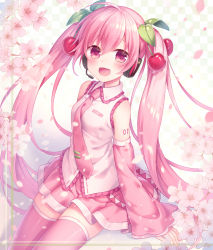Rule 34 | 1girl, :d, ahoge, amane kurumi, checkered background, cherry, cherry blossoms, detached sleeves, food, fruit, hatsune miku, headset, long hair, looking at viewer, necktie, open mouth, pink eyes, pink hair, sakura miku, skirt, smile, solo, thighhighs, twintails, very long hair, vocaloid