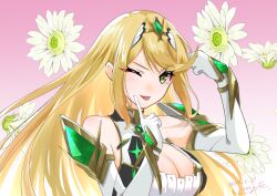 Rule 34 | 1girl, ;p, arm up, bare shoulders, blonde hair, breasts, cleavage, dated, dress, elbow gloves, flower, gloves, gradient background, hand up, headpiece, highres, index finger raised, large breasts, long hair, mythra (xenoblade), nayuta-kanata, one eye closed, pink background, signature, sleeveless, sleeveless dress, solo, tongue, tongue out, upper body, white dress, white flower, white gloves, xenoblade chronicles (series), xenoblade chronicles 2, yellow eyes