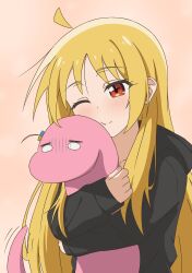 Rule 34 | 1girl, absurdres, ahoge, animalization, black sweater, blonde hair, blush, bocchi the rock!, closed mouth, commentary, detached ahoge, dot nose, english commentary, gotoh hitori, gotoh hitori (tsuchinoko), highres, hug, ijichi seika, long hair, long sleeves, multiple girls, one eye closed, orange background, red eyes, simple background, sleeves past wrists, smile, sweater, thundradrawings, tsuchinoko, upper body, very long hair, yuri