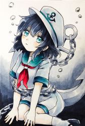 Rule 34 | 1girl, anchor, anchor symbol, black footwear, black hair, bubble, chain, commentary request, feet out of frame, green eyes, green sailor collar, hat, highres, maa (forsythia1729), mary janes, murasa minamitsu, red neckwear, sailor collar, sailor hat, sailor shirt, seiza, shirt, shoes, short hair, short sleeves, shorts, sitting, touhou, traditional media, underwater, white hat, white legwear, white shirt, white shorts