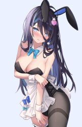 Rule 34 | 1girl, animal ears, apron, bare shoulders, black hair, black leotard, blue background, blue eyes, blush, bow, bowtie, breasts, brown pantyhose, cleavage, commentary, covered navel, detached collar, fake animal ears, highleg, highleg leotard, highres, hitsukuya, large breasts, leotard, long hair, looking at viewer, original, pantyhose, playboy bunny, rabbit ears, rabbit tail, simple background, solo, symbol-only commentary, tail, thighband pantyhose, thighs, waist apron, white apron, wrist cuffs