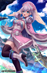 Rule 34 | 1girl, blue eyes, breasts, cape, curly hair, dress, gloves, hat, head wings, highres, kamaniki, long hair, long sleeves, looking at viewer, medium breasts, melia antiqua, o-ring, puffy sleeves, short dress, simple background, smile, solo, thighhighs, upper body, wings, xenoblade chronicles (series), xenoblade chronicles 1
