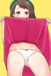 Rule 34 | 1girl, blush, brown eyes, brown hair, cameltoe, chisamitsushi, closed mouth, clothes lift, commentary request, creatures (company), dress, dress lift, game freak, gloria (pokemon), green hat, hat, lifted by self, looking down, navel, nintendo, panties, pink dress, pokemon, pokemon swsh, simple background, smile, solo, sweat, tam o&#039; shanter, underwear, white panties, yellow background