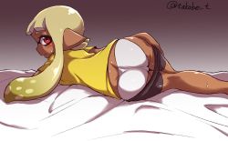 Rule 34 | 1girl, ass, bed, bike shorts, blonde hair, blouse, blunt bangs, clothes pull, commentary, dark-skinned female, dark skin, frown, hand on own hip, highres, inkling, inkling girl, inkling player character, mask, nintendo, panties, pointy ears, red eyes, shirt, solo, t-shirt, takobe, tentacle hair, underwear, undressing, yellow shirt