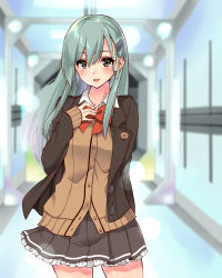 Rule 34 | 1girl, :d, absurdres, blazer, bow, bowtie, brown cardigan, brown eyes, brown jacket, brown skirt, cardigan, cowboy shot, frilled skirt, frills, green hair, hair between eyes, hair ornament, hairclip, highres, indoors, jacket, kantai collection, long hair, looking at viewer, miniskirt, open clothes, open jacket, open mouth, pleated skirt, red bow, sarfata, skirt, smile, solo, standing, suzuya (kancolle)