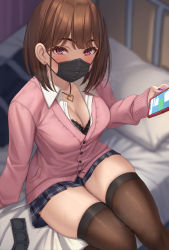 Rule 34 | 1girl, absurdres, black bra, bra, bra peek, breasts, brown hair, brown thighhighs, cardigan, cellphone, cleavage, collared shirt, condom, condom packet strip, condom wrapper, earrings, highres, holding, holding phone, jewelry, large breasts, looking at viewer, mask, mole, mole under eye, momo no sukebe, mouth mask, nail polish, necklace, on bed, original, phone, fake phone screenshot, pink cardigan, pink eyes, shirt, short hair, sitting, skirt, solo, stud earrings, thighhighs, underwear, white shirt