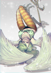 Rule 34 | 1girl, absurdres, bird legs, clothes writing, from above, green hair, harpy, highres, long hair, lying, monet (one piece), monster girl, on back, one piece, sleeveless, smile, snowing, solo, ukari, winged arms, wings