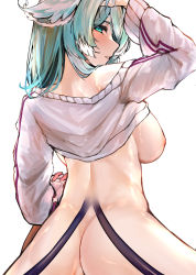 Rule 34 | 1girl, animal ears, blue hair, blush, breasts, breasts out, clothes lift, cowgirl position, dragon ears, dragon girl, elira pendora, elira pendora (1st costume), girl on top, green eyes, hand in own hair, head wings, hidden eyes, highres, holding hands, implied sex, interlocked fingers, large breasts, lazulight, lips, long hair, looking at viewer, looking back, naokomama, nijisanji, nijisanji en, nipples, shirt lift, simple background, solo focus, straddling, sweater, virtual youtuber, white background, white sweater, wings