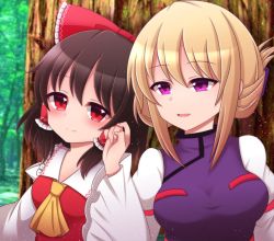 Rule 34 | 2girls, ascot, black hair, blonde hair, blush, bow, breasts, collared shirt, commentary request, forest, hair bow, hair tubes, hakurei reimu, hand in another&#039;s hair, medium breasts, multiple girls, nature, no headwear, open mouth, purple eyes, red bow, red eyes, red shirt, shiohachi, shirt, tabard, touhou, tree, updo, upper body, wide sleeves, yakumo yukari, yellow ascot, yuri