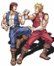 Rule 34 | 2boys, arc system works, billy lee, blonde hair, boots, brown hair, classic, clenched teeth, double dragon, fighting, jacket, jimmy lee, manly, multiple boys, muscular, official art, outdoors, pants, short hair, siblings, simple background, spiked hair, teeth, torn clothes, twins, white background