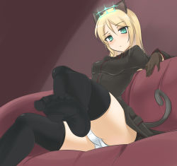 Rule 34 | 1girl, aqua eyes, bad id, bad pixiv id, black thighhighs, blonde hair, feet, female focus, from below, gloves, heinrike prinzessin zu sayn-wittgenstein, hirschgeweih antennas, long hair, looking at viewer, military, military uniform, momio, no shoes, noble witches, panties, pantyshot, sitting, soles, solo, strike witches, tail, thighhighs, toes, underwear, uniform, world witches series