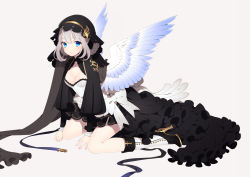 Rule 34 | arm support, blue eyes, bonnet, boots, breasts, cleavage, feathers, high heel boots, high heels, highres, looking at viewer, medium breasts, ni02 (asahi nini), original, solo, thighs, white background, white hair, white wings, wings