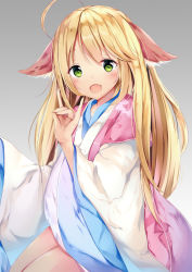 Rule 34 | 1girl, :d, ahoge, animal ears, bad id, bad pixiv id, blonde hair, blush, character request, chinese clothes, ears down, fang, fox ears, fox shadow puppet, green eyes, grey background, hand up, hanfu, head tilt, highres, huyao xiao hongniang, long hair, long sleeves, looking at viewer, multicolored clothes, open mouth, simple background, smile, solo, tamakinoki, tushan susu, very long hair, wide sleeves