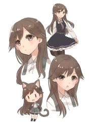 Rule 34 | 10s, animal ears, arashio (kancolle), bad id, bad pixiv id, belt, bike shorts, blush, brown eyes, brown hair, buttons, cat ears, cat tail, chibi, detached sleeves, dress, frilled skirt, frills, highres, kantai collection, long hair, multiple views, nuno (pppompon), pinafore dress, pleated skirt, shirt, skirt, sleeveless dress, smile, suspender skirt, suspenders, tail, white shirt