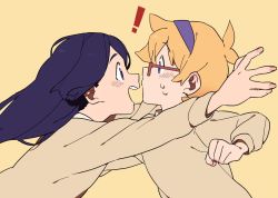 Rule 34 | !, 2girls, bad id, bad twitter id, barbara parker, black eyes, black hair, blonde hair, blue eyes, blue hairband, blush, dayama, face-to-face, from side, glasses, hair between eyes, hairband, little witch academia, long hair, long sleeves, lotte jansson, multiple girls, open mouth, outstretched arms, short hair, simple background, sweat, yellow background, yuri