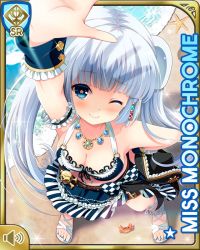 Rule 34 | 1girl, bikini, blue bikini, blue eyes, blunt bangs, card, character name, closed mouth, costume, day, girlfriend (kari), hat, miss monochrome, miss monochrome (character), official art, one eye closed, outdoors, pirate, qp:flapper, sandals, skull and crossbones, smile, solo, swimsuit, tagme, twintails, white hair