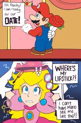Rule 34 | 1boy, 1girl, blonde hair, blue eyes, breasts, brooch, brown hair, carrying bag, domestic maid, door, dress, facial hair, flower, gloves, grin, hat, highres, jewelry, mario, mario (series), mustache, nervous, nintendo, overalls, pink dress, princess peach, smile, speech bubble, sunglasses, super mario bros. 1