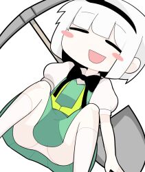 Rule 34 | 1girl, :d, black bow, black bowtie, black hairband, blunt bangs, blush, blush stickers, bob cut, bow, bowtie, collared shirt, commentary request, cookie (touhou), feet out of frame, flat chest, green skirt, green vest, hairband, hospital king, konpaku youmu, medium bangs, open mouth, panties, pickaxe, puffy short sleeves, puffy sleeves, shirt, short hair, short sleeves, shovel, simple background, skirt, skirt set, smile, touhou, underwear, vest, white background, white hair, white panties, white shirt, zerukalo (cookie)