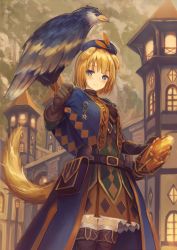 Rule 34 | 1girl, animal, animal ears, animal on hand, bad id, bad pixiv id, beret, bird, bird on hand, blonde hair, blue capelet, blue eyes, blue hat, blush, boots, brown footwear, brown gloves, brown skirt, brown thighhighs, building, capelet, closed mouth, commentary request, dog ears, dog girl, dog tail, gloves, green shirt, hat, holding, looking at viewer, original, outdoors, pleated skirt, shirt, short hair, skirt, sky, smile, solo, tail, thigh boots, thighhighs, usagino suzu