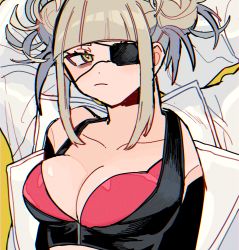 Rule 34 | 1girl, armpits, arms up, bare shoulders, blonde hair, boku no hero academia, bra, breasts, cleavage, closed mouth, collarbone, double bun, eyepatch, frown, hair bun, highres, jacket, large breasts, simple background, slit pupils, solo, toga himiko, underwear, yellow background, yellow eyes, yumei (jigoku101)