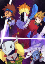 Rule 34 | 5boys, artist request, card, character doll, chibi, digimon, digimon (creature), digimon adventure, evil smile, floating, highres, holding, holding sword, holding weapon, incoming attack, ishida yamato, looking at viewer, looking back, metalgarurumon, multiple boys, piemon, playing card, pointy ears, simple background, smile, standing, sword, trapped, wargreymon, weapon, yagami taichi
